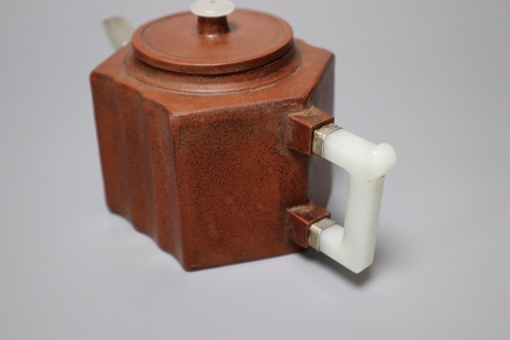 A Chinese Yixing teapot, with agate mounts, 18cm across